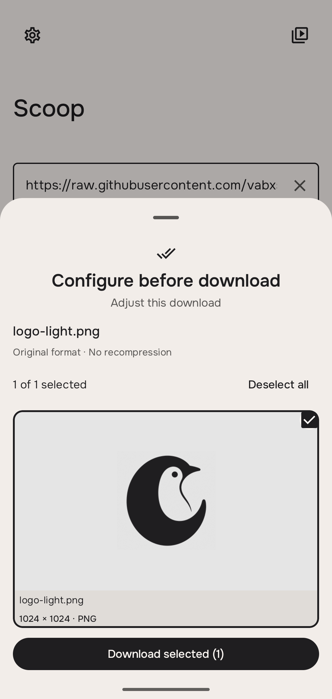 Scoop image picker showing an original PNG selected for download